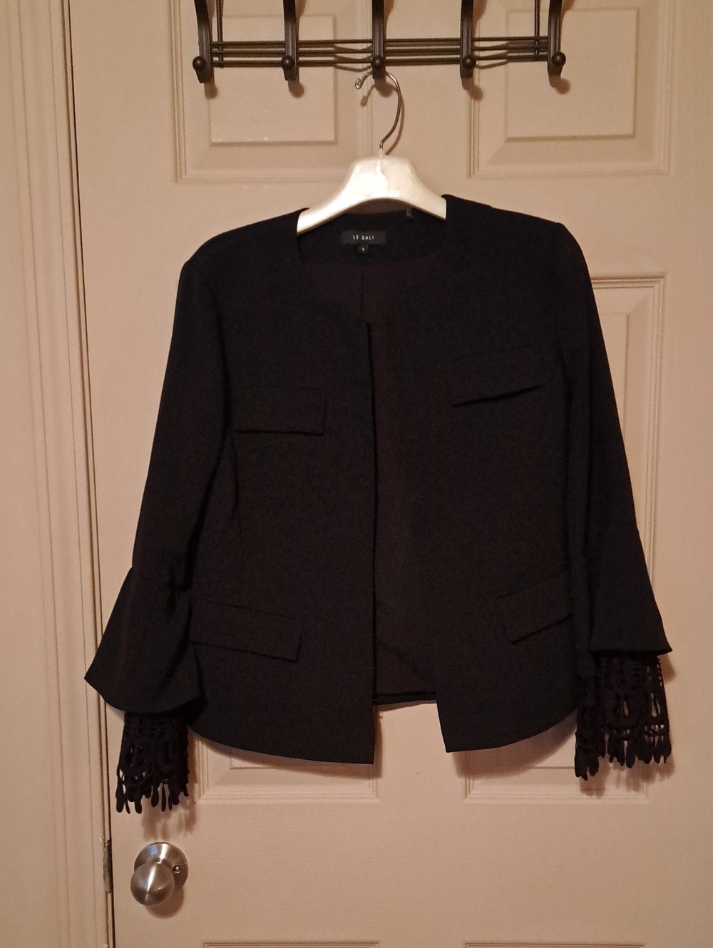 Le Gali Black Collarless Blazer with Lace Fringe Sleeve Detail
